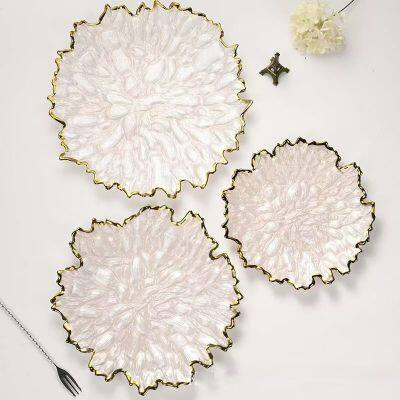 Оптовая цветочная стеклянная тарелка для свадеб, тарелка для западной кухни, украшение для дома, золотая стеклянная тарелка с прозрачными бусинами, тарелка для приема пищи