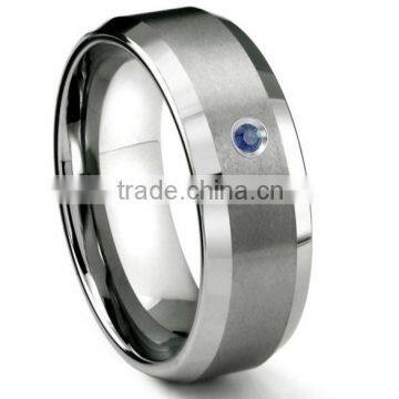 Tungsten Carbide 8MM Satin Finish Beveled Sapphire Solitaire Wedding Band ring