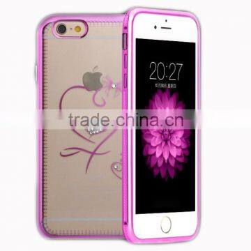 Ultra Thin Metal Bumper Ex Frame with Heart Diamond Decorative Back Cover Cell Phone Cases for Iphone6 6plus 5s