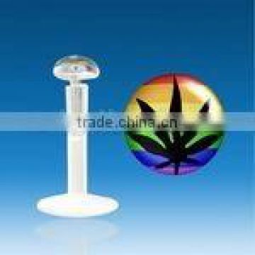 Clear bio labret with 925 sterling silver top and marijuana logo (rainbow)