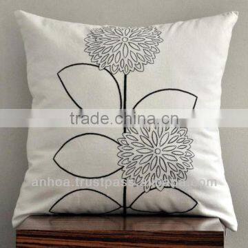 Black flower and tree embroidery cushion cover, plain linen pillowcase