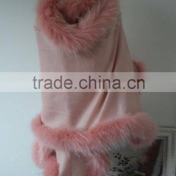 Pink Cashmere Cape Poncho With Match Color Raccoon Fur Hood Gorgeous Animal Fur Trimmed Square Shawl Cape