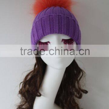 Big Dyed Orange Raccoon Fur Ball With Knit Rib Beanie Purple Cap Fluffy Fur Pompom Knitted Wool Hat