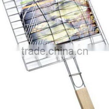 Wood Handle Square Double holder BBQ Grill Grates Wire Mesh 22.5x22.5cm