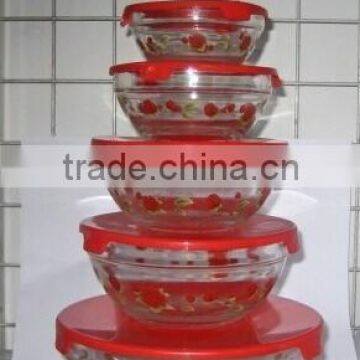 5 in 1 set glass bowl with plastic lid