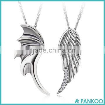 925 Sterling Silver Platinum Plating Cubic Zirconia Couples Necklace, Fashion Angle Silver Wing Pendant Necklace