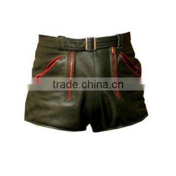 Men's Leather Red Piping Zipper Flap Shorts New