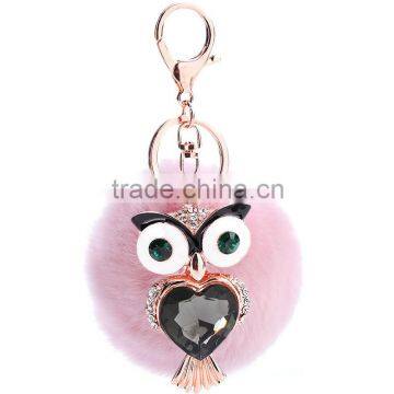Rhinestone Night Owl Pendant Plush Rabbit Fur Ball Keychain For Keys Women Bag Charm Car Keyring