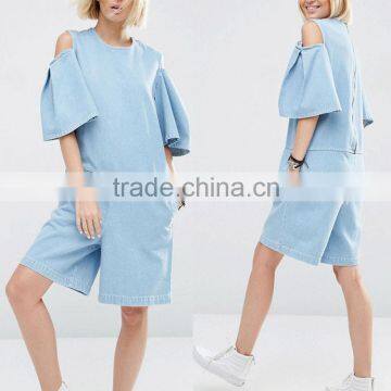 Guangzhou New Casual Cold Shoulder Wide Leg Woman Short Denim Jumpsuits
