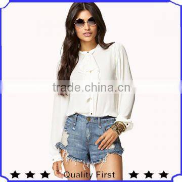 Bow Tie Long sleeve White office ladies blouses 2016 new designs