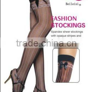 Spandex Sheer Black Stockings With Opaque Strips And Satin Bow