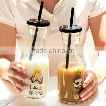 500ml bulk glass milk bottle manufacturer with metal cap and plastic straw