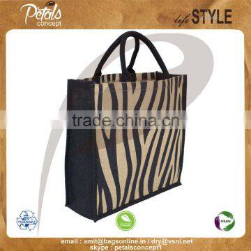 PP Laminated Jute Tote Bag With Padded Rope Handle & With One Color Two Side Zebra Texture Print photo-2