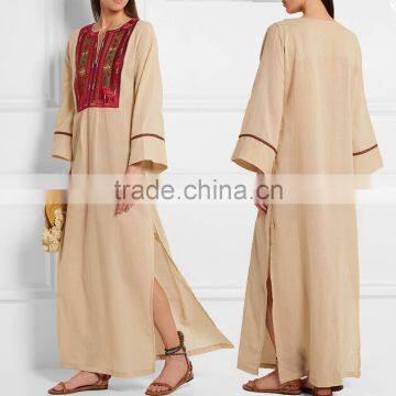 Beige Airy Cotton Embroidered Kurta Fornt neck Designs Ladies Kurta Long Sleeve Maxi dress With Embroidery HSD5917