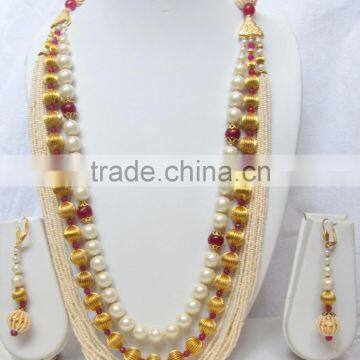 LONG Gold plated pearl beads necklace EARRING set