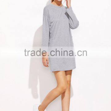 Grey Drop Shoulder Tee Dress With Pockets Cotton Spandex Long Sleeve Casual Plain Sweatshirt Tee Dress photo-5