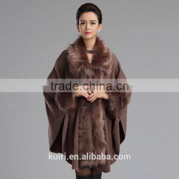 2016 Women's Wrap Beige Black Pashmina Wool Knitted Fake Cashmere Shawl With Fur Trim Collar Faux Fox Fur High Quality Capes photo-3