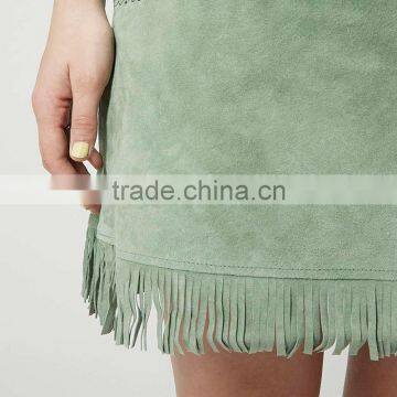 Mint Green Sleeveless Fringed Braided Suede Shift Dress photo-5