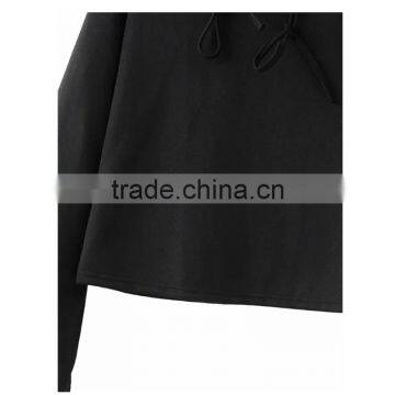 Regular Fit Black Flare Sleeve Cropped Drawstring Hoodie for Women photo-2