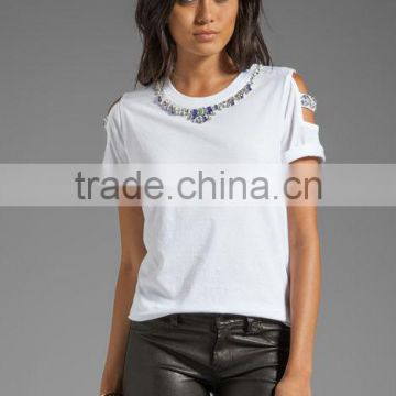 rhinestone accents open shoulder tee