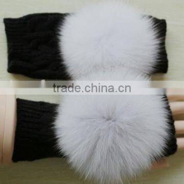 wholesale cheap cute children's winter warm knitting fingerless gloves/ removable fox fur pompon glove muff mittens