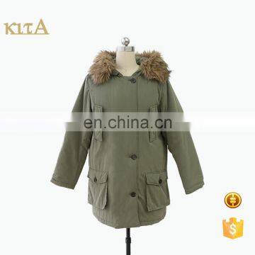 Women fashion casual hooded army green padded parka with detachable faux fur liner