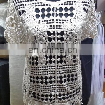 2016 Wholesale women fashion hollow out white lace blouse women crocheted lace blouse