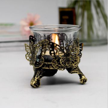 Antique Brush Gold metal hollow Candle holder with butterfly /rose design and tealight cup