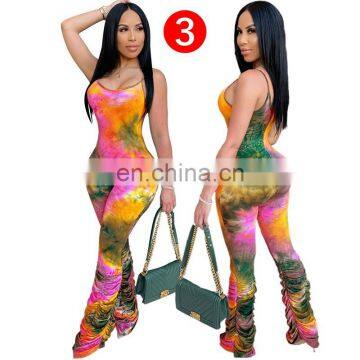 In Stock RTS Spaghetti Strap Sleeveless Bodycon Vestidos Streetwear Tie-Dyed Stracked Long Pants Woman Onesie Pajamas Jumpsuit photo-6
