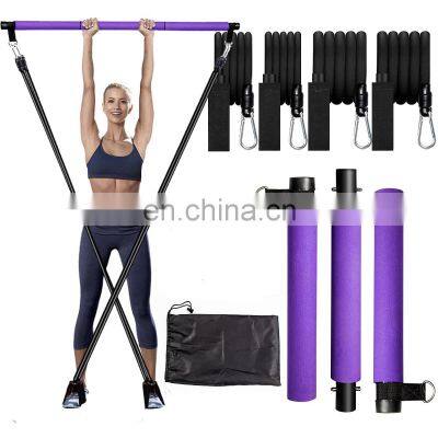 Pilates Bar Kit with Resistance Bands Compact 3-Section Exercise Sticks Bar and Stacked Bands for Stretched Fusion Fitness