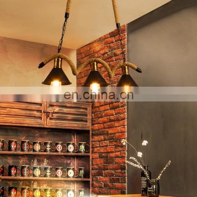 Nordic Pendant Lamp Indoor Loft Retro Hemp Rope Vintage Iron Chandelier Bedroom Black LED Ceiling Lamp