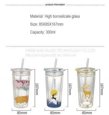 Deer Cup Custom 400ml Frosted Glass Tumbler With Silicone Sleeve Borosilicate Glass Cup With Lid and Straw photo-5