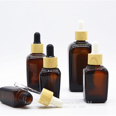 Bamboo screw collar dropper bottle Amber glass dropper bottle square shape empty bottles for skin care serum essential oil packing