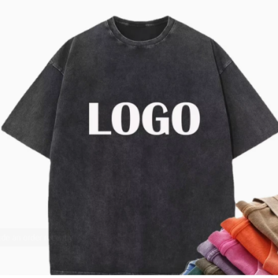 Heavyweight Cotton with Logo Stone Men Women Distressed T-Shirt DTG Print Oversize Black Custom Vintage Acid Wash