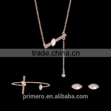 Wedding Women Gold Plated Lovely Charm Rectangle Earring Necklace Ring 3 Pcs Statement Jewelry Set