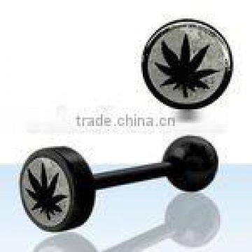 Black anodized barbell laser-cut marijuana logo