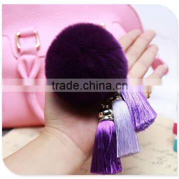 Cute Genuine Leather REX Rabbit fur pom pom keychain