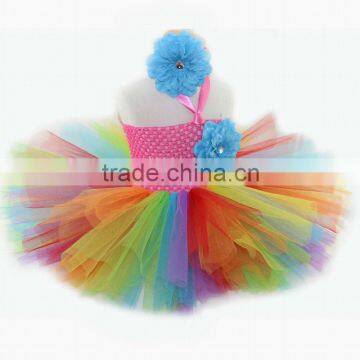 Handmade Baby Dress With Crochet Top Rainbow Color 2 Layers Ballet Tutu Matched With Flower Headband