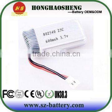 High rate syma x5c battery 25C 802540 3.7v 600mah rechargeable lipo battery 802540 helicopter replacement battery