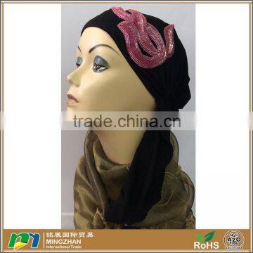 Black pre tied turkey head scarf for women with pink sequin embellishment