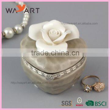 Unique Heart Shaped White Flower Ceramic Jewelry Box With Lock