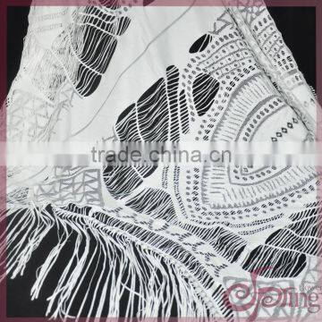 Polyester white chemical lace with tassel fringe, fashion abstract style fabric lace