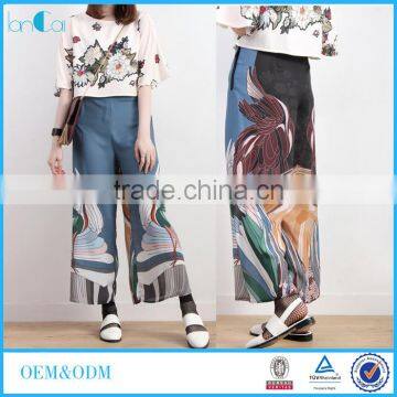 Wholesale Fashion 2017 New Women Bohemian Pattern Print Flare Pants Print Wide Leg Trousers in Dusty Blue Pants