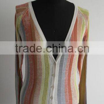 Ladies 100%cotton Vertical Stripe Knitted Cardigan Sweater