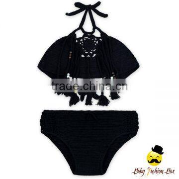 Bohemia Style Black Plain Knitting Halter Decorative Tassel Kids Holiday Swimwear Yong Girl Indian Remake Photo Bikini Bra photo-6