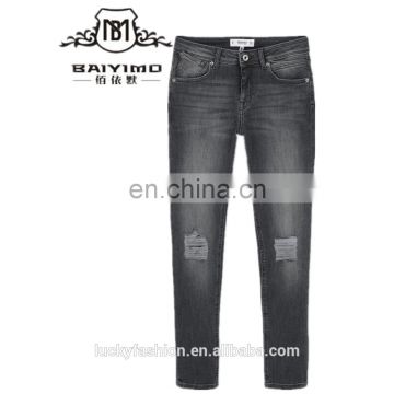 2016 Baiyimo latest fashion push up design medium waist faded grey women ripped jeans