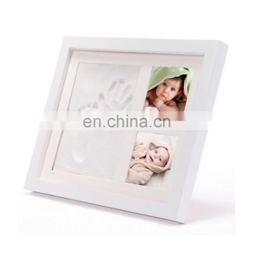 Solid Wood Newborn Baby Handprint and Footprint Inkpad Clay Display with 2 Photo Frames Kit for Keepsake