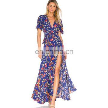 Wrap front with tie closure v-neck floral printing kimono dress