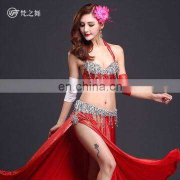 High-grade 5pcs hot stamping ice silk bellydance costume with handmade bell