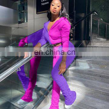 Plain Loose 2 Pieces Drawstring Jogger Stacked Sweatpants Women Causal Color Matching Hoodie Set photo-5